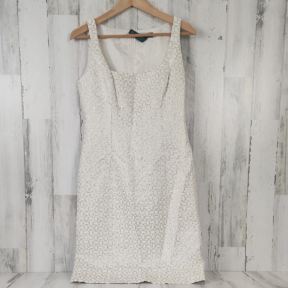 Lauren Ralph Lauren Cream Gold Patterned Sheath Dress Fully Lined Size 6
